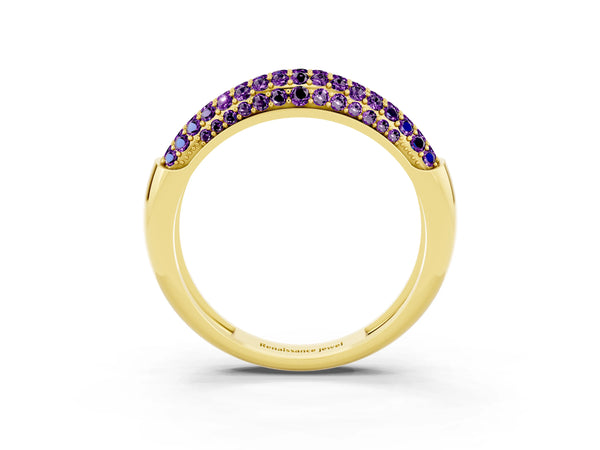 Yellow gold Three-Row Pavé Round Amethyst Dome Band