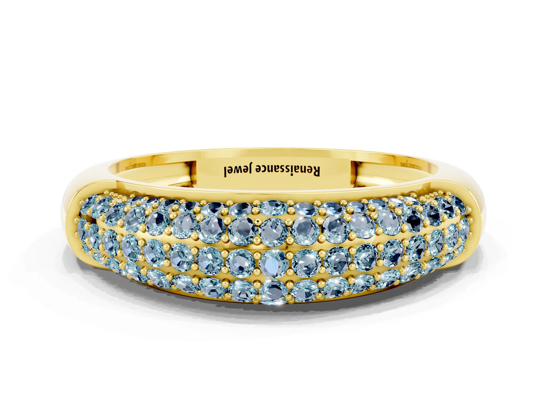 Yellow gold Three-Row Pavé Round Aquamarine Dome Band_6