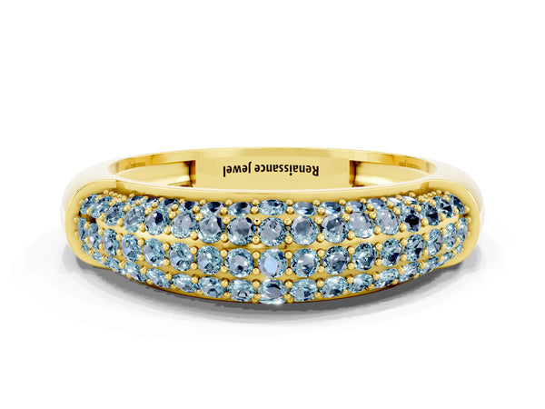 Yellow gold Three-Row Pavé Round Aquamarine Dome Band