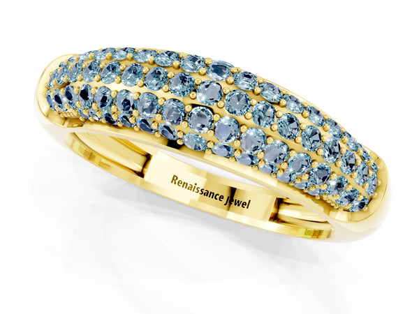 Yellow gold Three-Row Pavé Round Aquamarine Dome Band