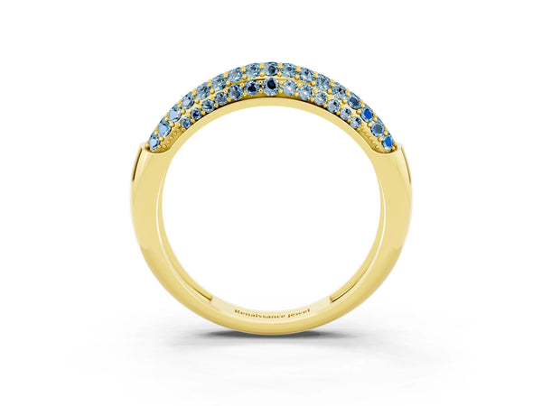 Yellow gold Three-Row Pavé Round Aquamarine Dome Band
