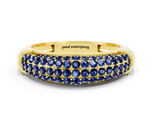 Yellow gold Three-Row Pavé Round Blue Sapphire Dome Band