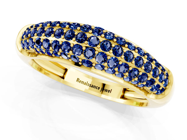 Yellow gold Three-Row Pavé Round Blue Sapphire Dome Band
