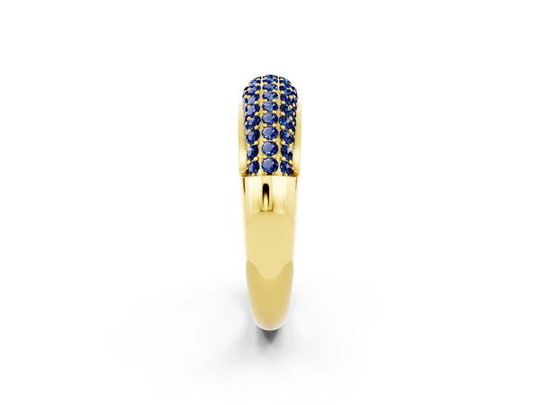 Yellow gold Three-Row Pavé Round Blue Sapphire Dome Band