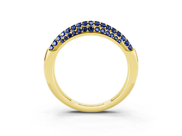Yellow gold Three-Row Pavé Round Blue Sapphire Dome Band