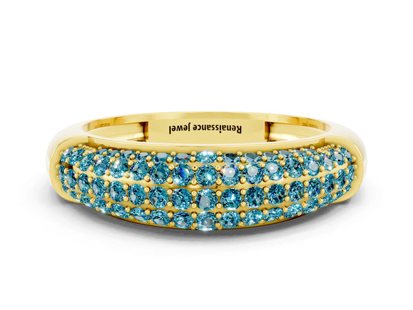 Yellow gold Three-Row Pavé Round Blue Topaz Dome Band