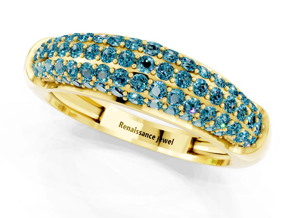 Yellow gold Three-Row Pavé Round Blue Topaz Dome Band