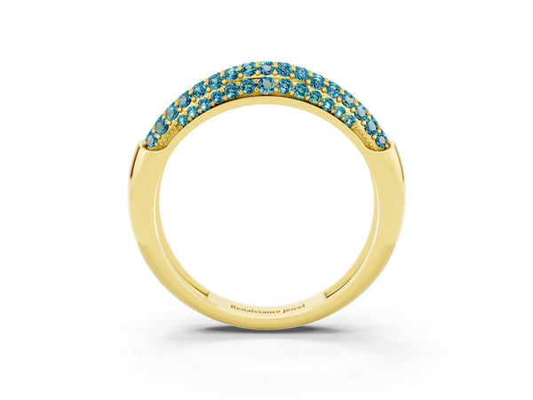 Yellow gold Three-Row Pavé Round Blue Topaz Dome Band