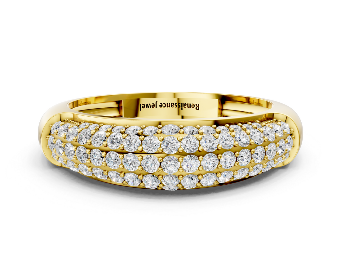 Yellow gold Three-Row Pavé Round Diamond Dome Band with Shared Prong Setting_116