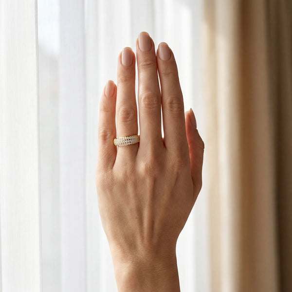 Yellow gold Three-Row Pavé Round Diamond Dome Band