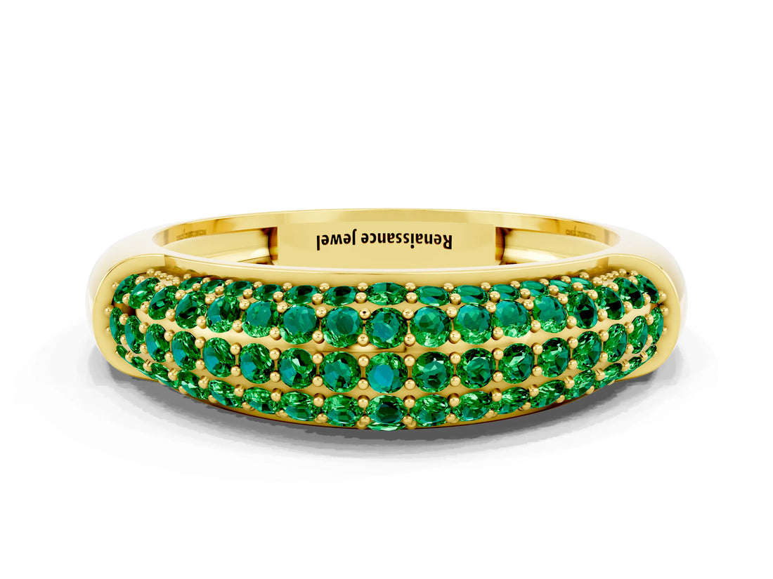 Yellow gold Three-Row Pavé Round Emerald Dome Band_6