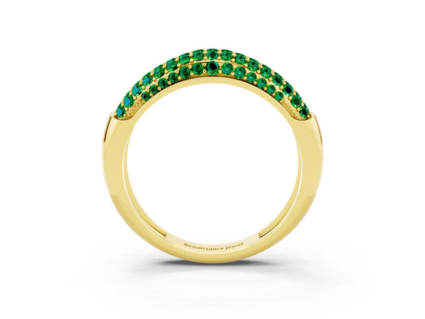 Yellow gold Three-Row Pavé Round Emerald Dome Band