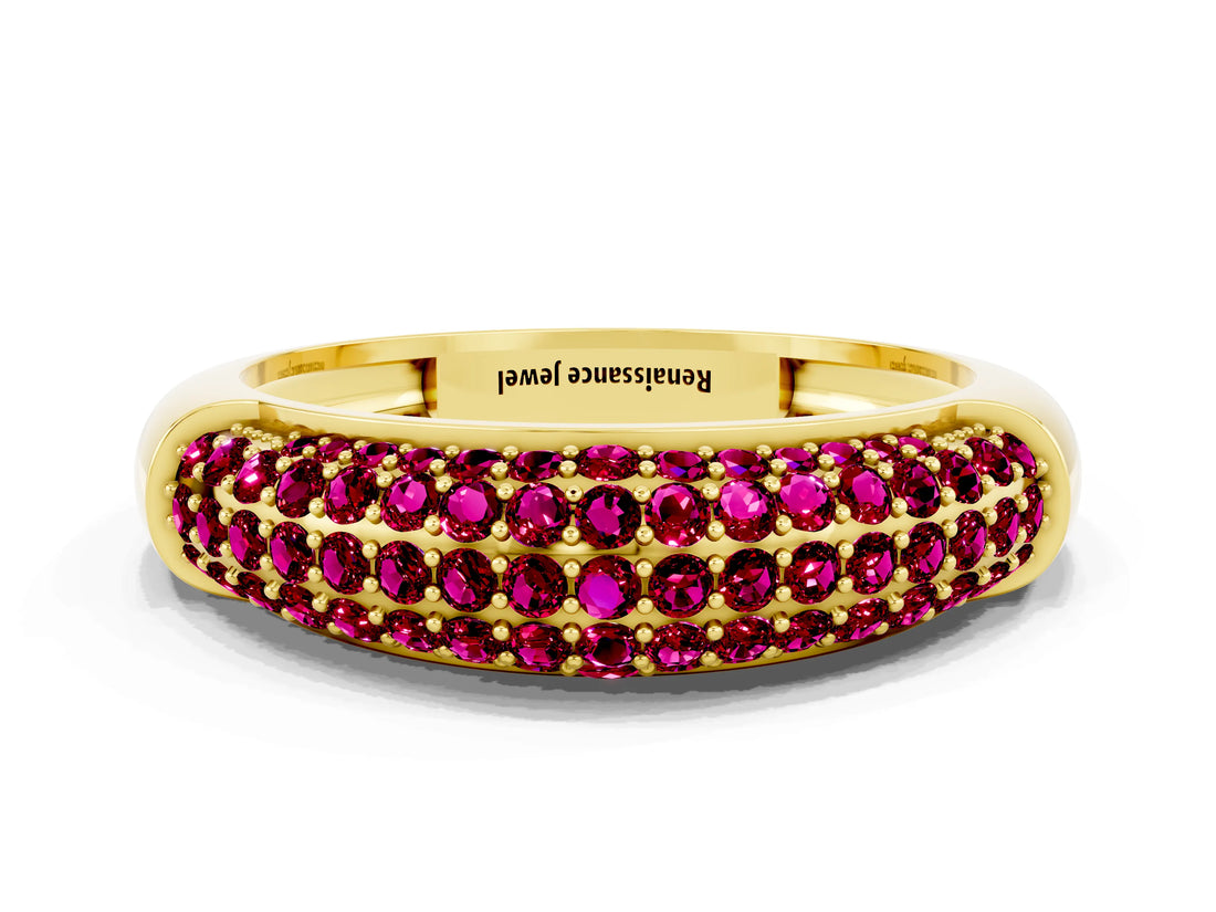 Yellow gold Three-Row Pavé Round Garnet Dome Band_6