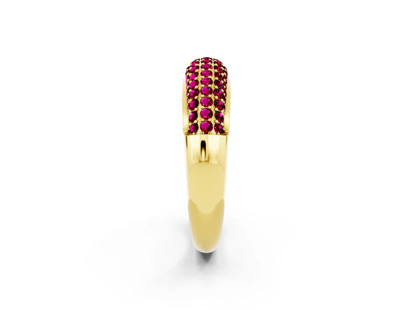 Yellow gold Three-Row Pavé Round Garnet Dome Band