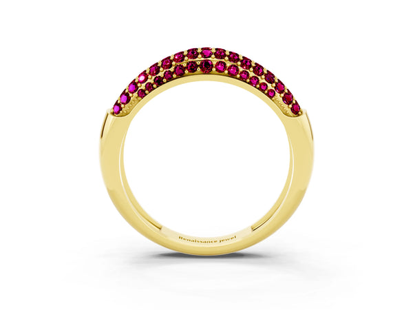Yellow gold Three-Row Pavé Round Garnet Dome Band
