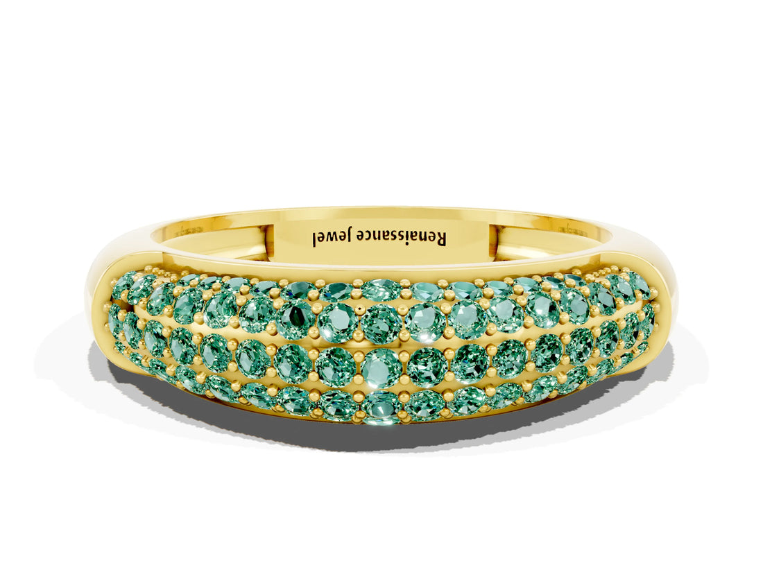 Yellow gold Three-Row Pavé Round Green Sapphire Dome Band_6