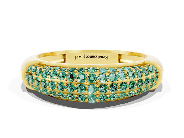 Yellow gold Three-Row Pavé Round Green Sapphire Dome Band
