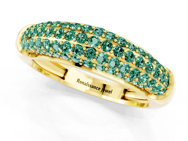 Yellow gold Three-Row Pavé Round Green Sapphire Dome Band