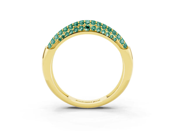 Yellow gold Three-Row Pavé Round Green Sapphire Dome Band