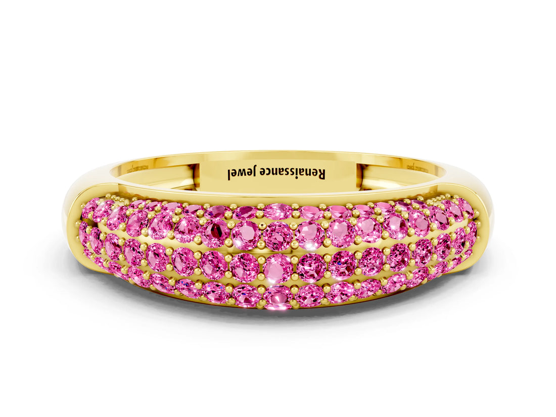 Yellow gold Three-Row Pavé Round Pink Sapphire Dome Band_18