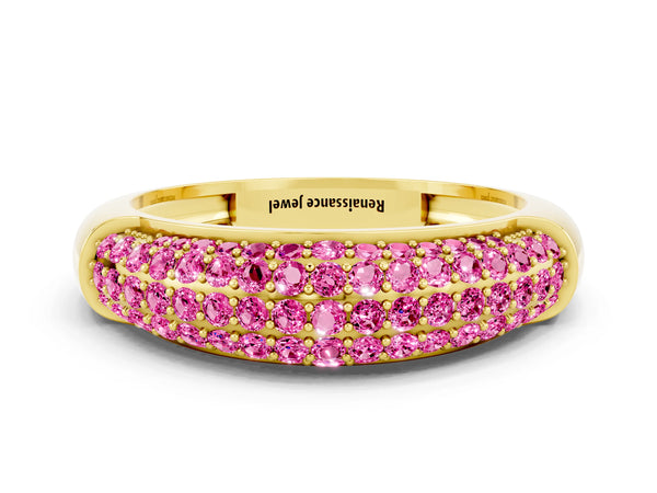 Yellow gold Three-Row Pavé Round Pink Sapphire Dome Band