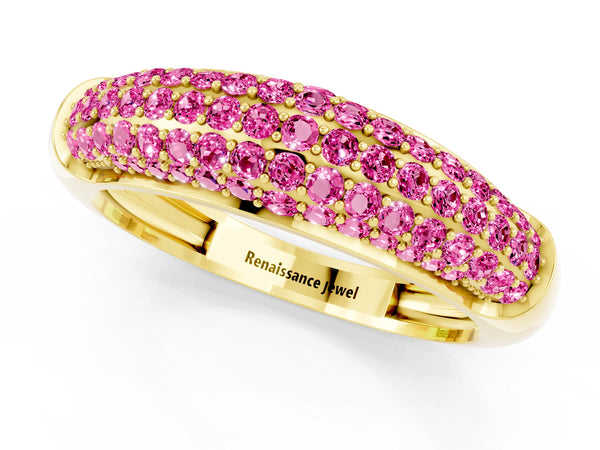 Yellow gold Three-Row Pavé Round Pink Sapphire Dome Band