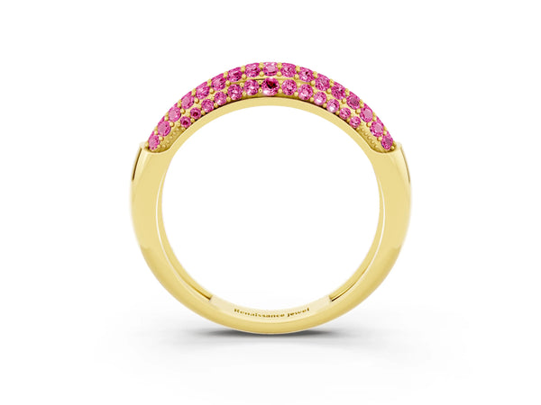 Yellow gold Three-Row Pavé Round Pink Sapphire Dome Band