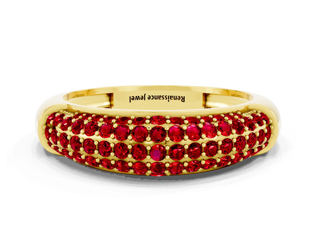 Yellow gold Three-Row Pavé Round Ruby Dome Band_6