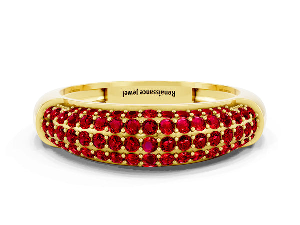 Yellow gold Three-Row Pavé Round Ruby Dome Band