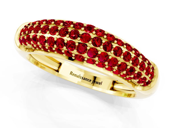 Yellow gold Three-Row Pavé Round Ruby Dome Band