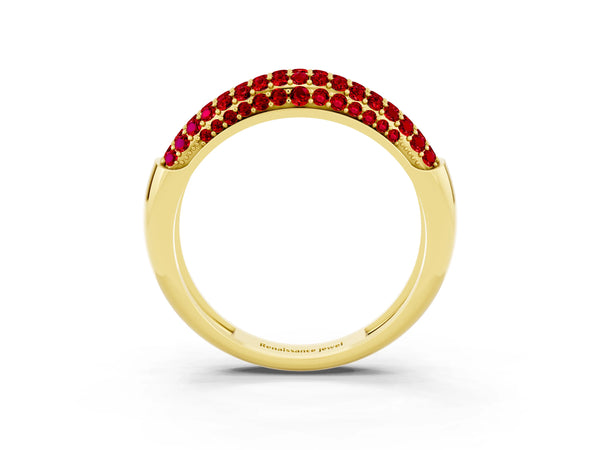 Yellow gold Three-Row Pavé Round Ruby Dome Band