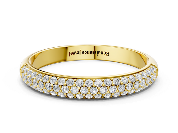 Yellow gold Three-Row Pave Round Diamond Eternity Band with Shared Prong Setting
