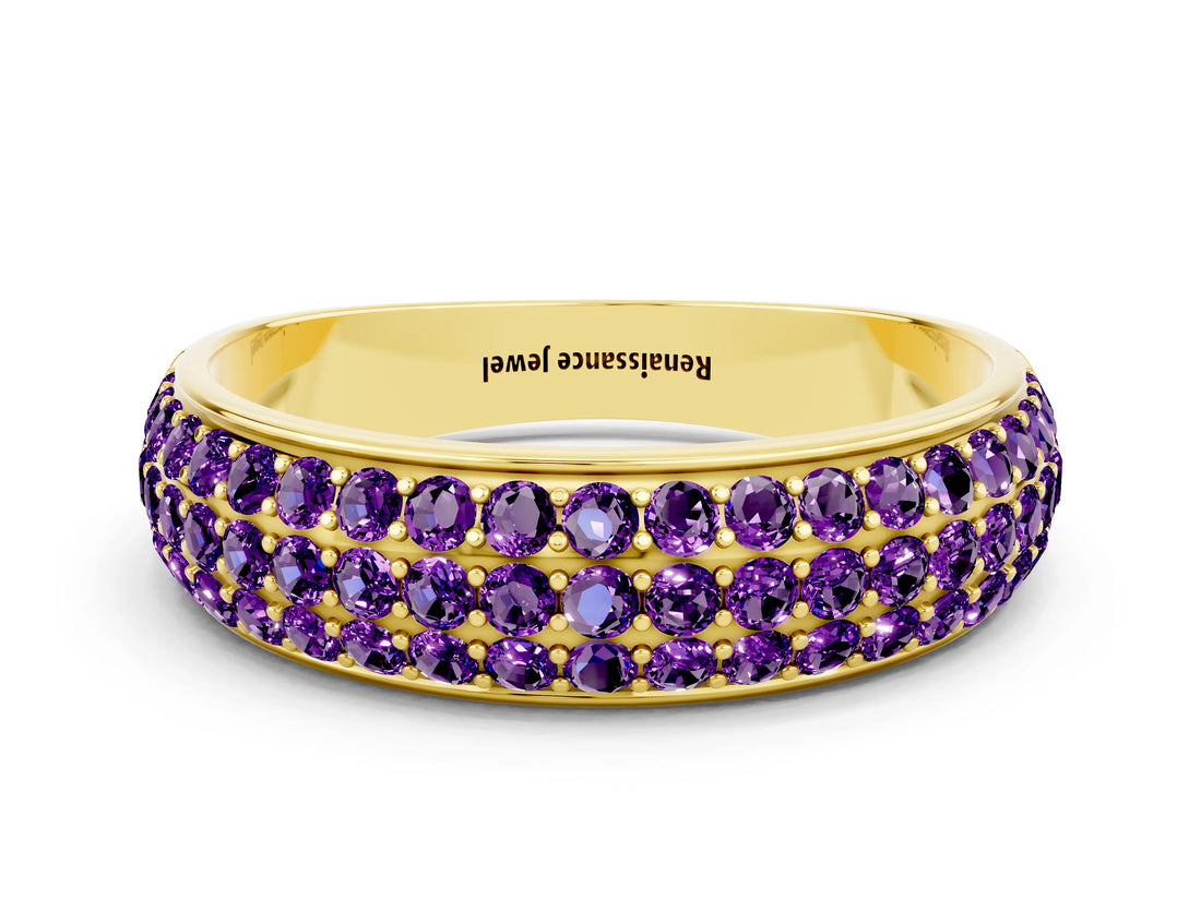 Yellow gold Three-Row Round Amethyst Eternity Band with Shared Prong Setting_6