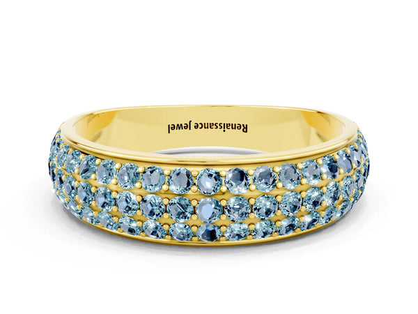 Yellow Gold Round Aquamarine Three Row Pave Half Eternity Wedding Band
