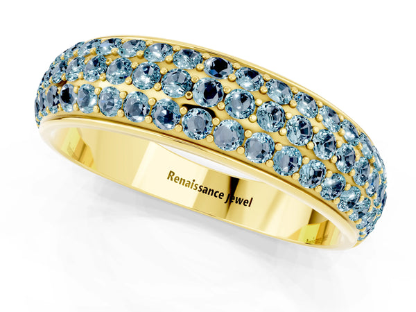 Yellow Gold Round Aquamarine Three Row Pave Half Eternity Wedding Band