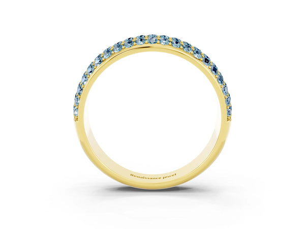 Yellow Gold Round Aquamarine Three Row Pave Half Eternity Wedding Band