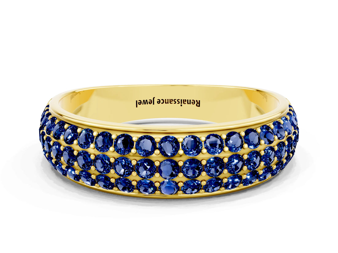 Yellow gold Three-Row Round Blue Sapphire Eternity Band with Shared Prong Setting_6