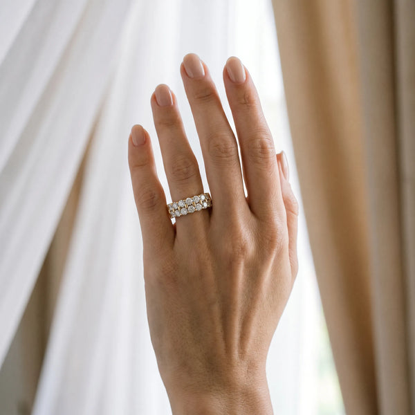 Yellow gold Three-Row Round Diamond Channel Band with Shared Prong Setting