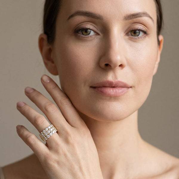 Yellow gold Three-Row Round Diamond Channel Band with Shared Prong Setting