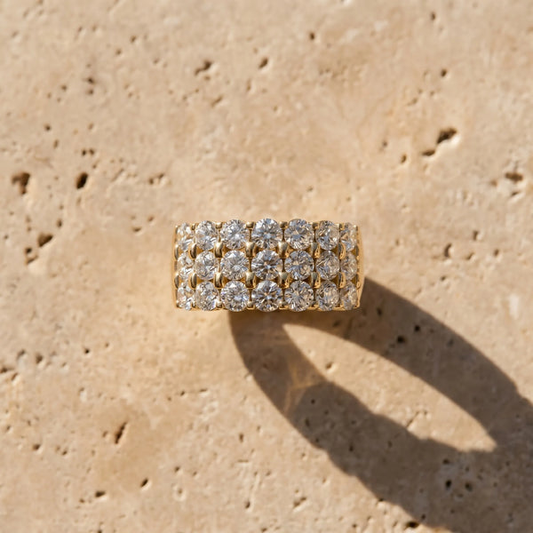 Yellow gold Three-Row Round Diamond Channel Band with Shared Prong Setting