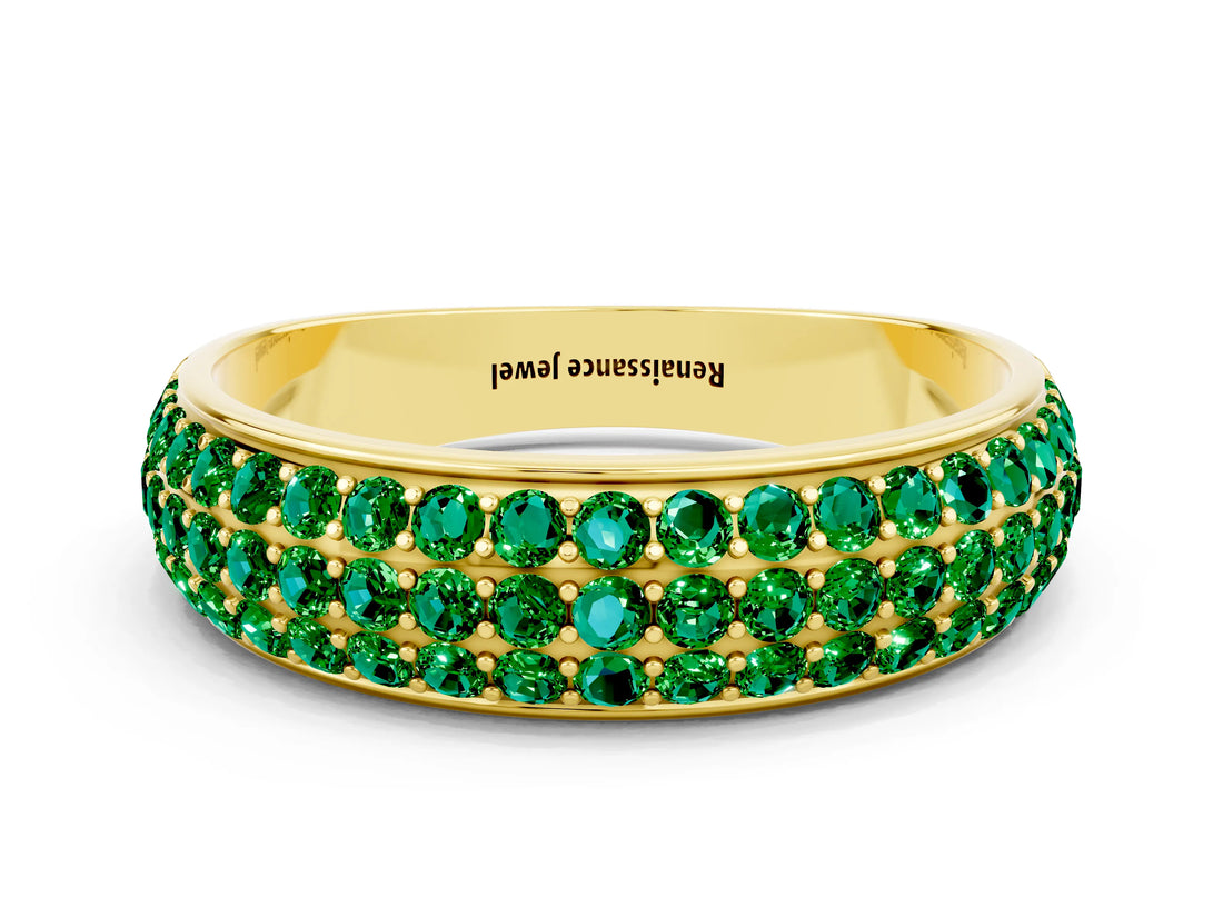 Yellow gold Three-Row Round Emerald Eternity Band with Shared Prong Setting_6