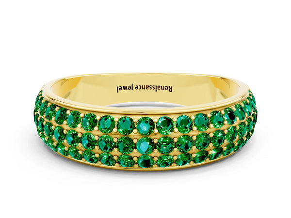 Yellow Gold Round Lab-Grown Emerald Three Row Pave Half Eternity Wedding Band
