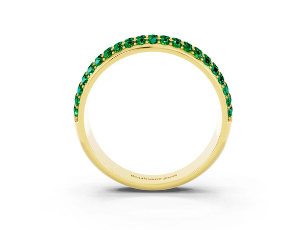 Yellow Gold Round Lab-Grown Emerald Three Row Pave Half Eternity Wedding Band