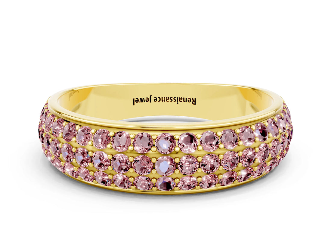 Yellow gold Three-Row Round Morganite Eternity Band with Shared Prong Setting_6