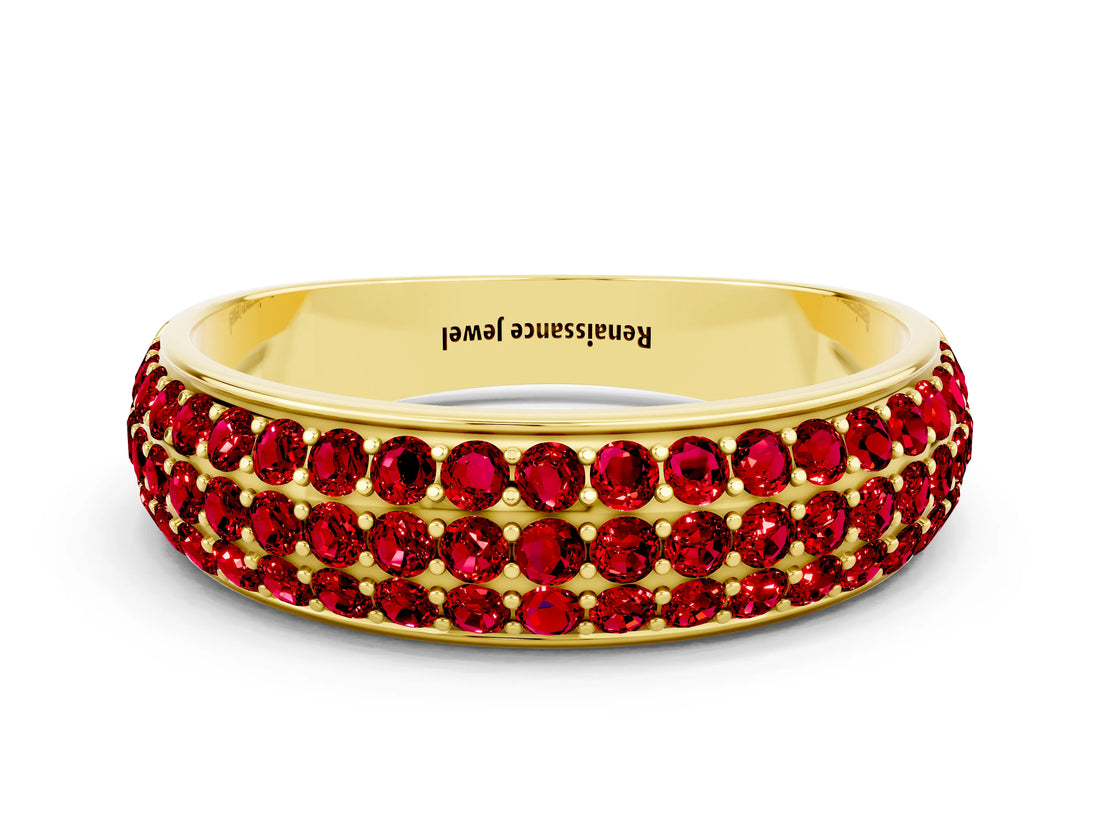 Yellow gold Three-Row Round Ruby Eternity Band with Shared Prong Setting_6
