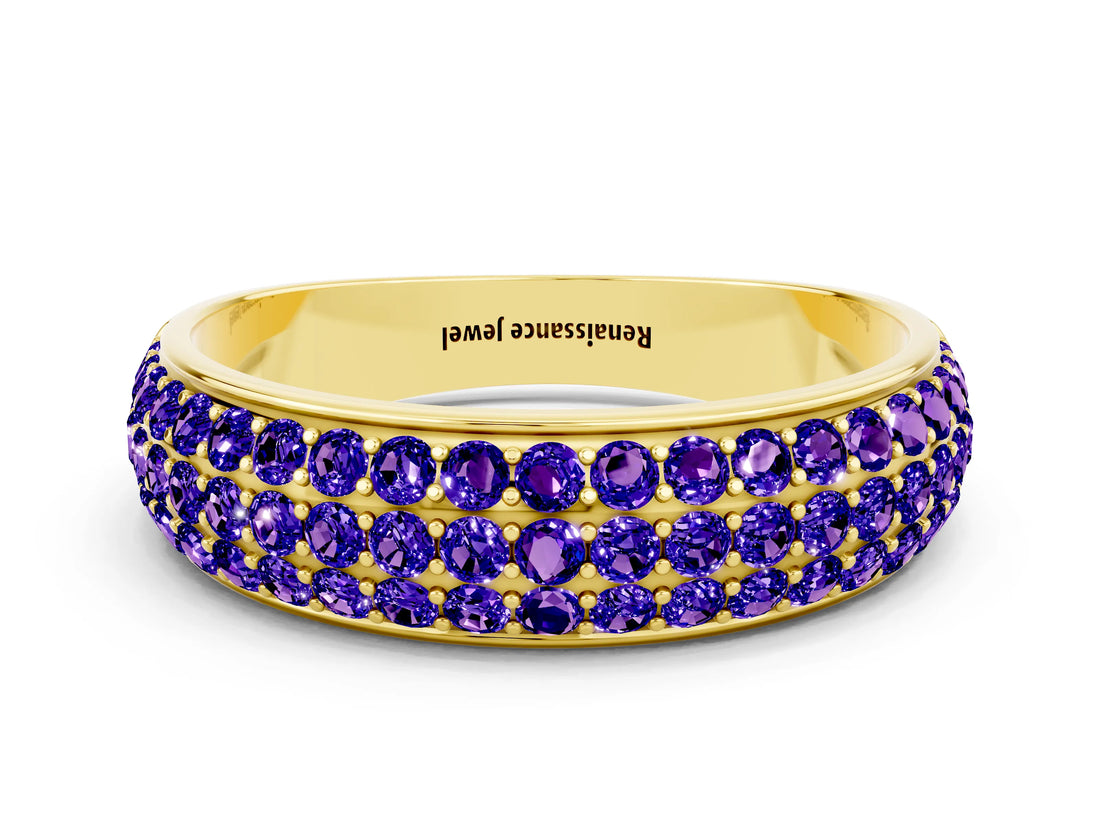 Yellow gold Three-Row Round Tanzanite Eternity Band with Shared Prong Setting_6