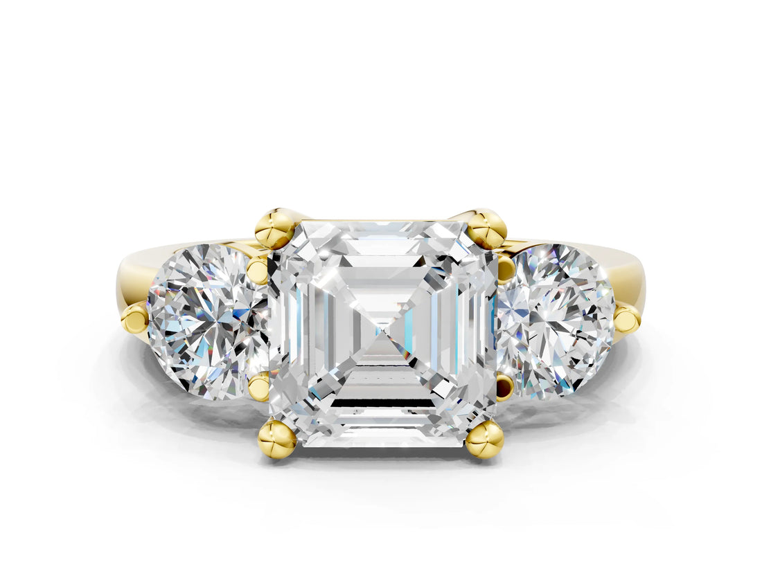 Yellow gold Three-Stone Asscher Brilliant Cut Solitaire Ring with Prong Setting on a Classic Band 1