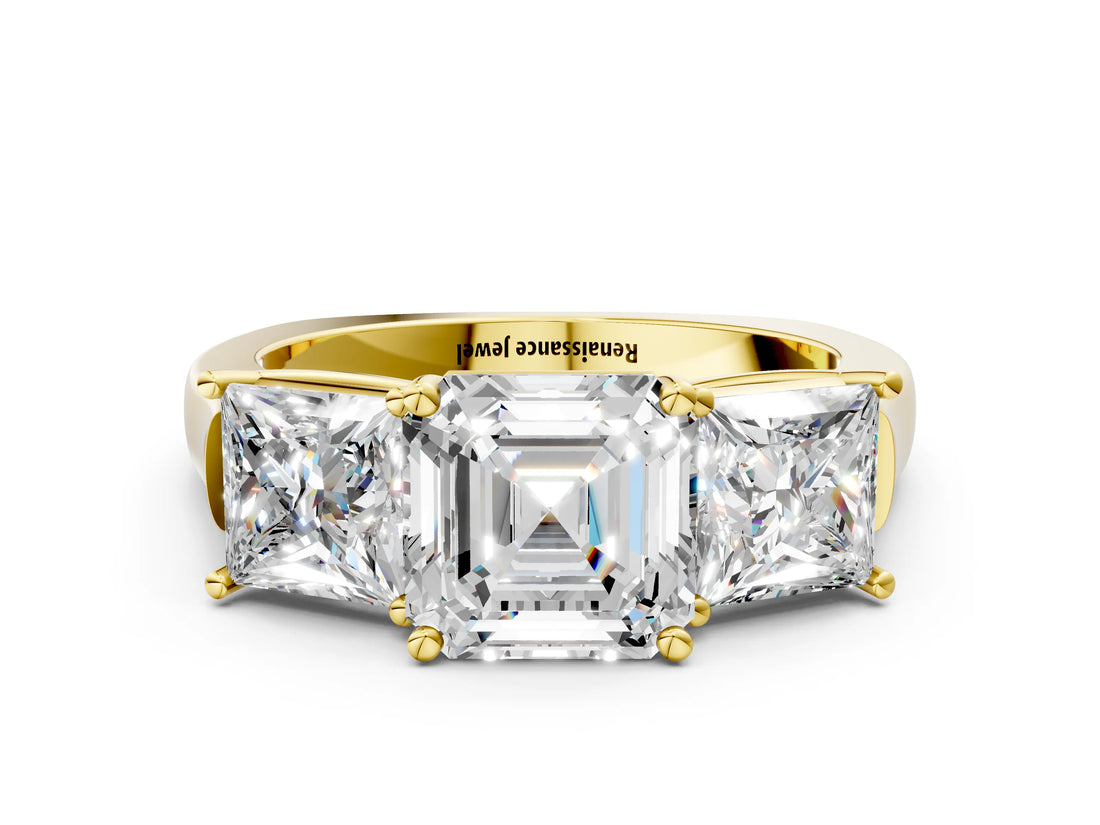 Yellow gold Three-Stone Asscher Cut Brilliant Diamond Trellis Ring with Comfort Fit Band_7