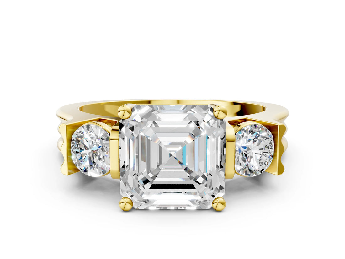Yellow gold Three-Stone Asscher Cut Cut Classic Band Prong Setting Ring_3