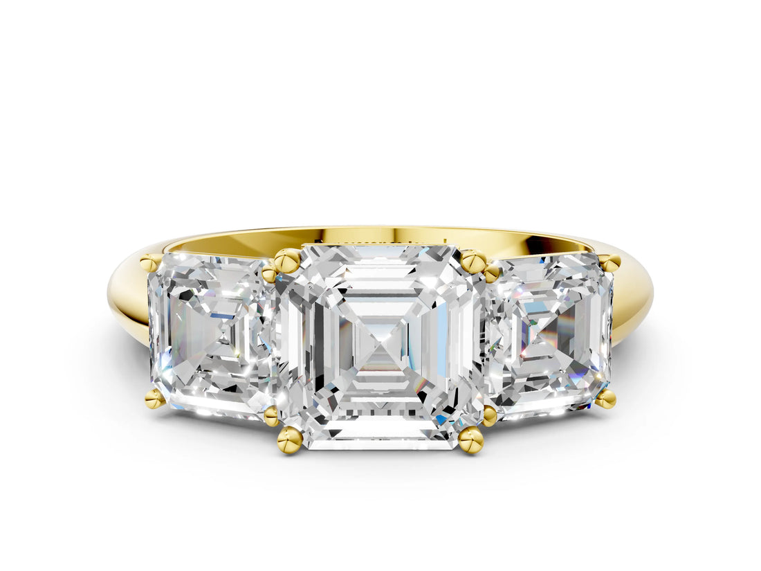 Yellow gold Three-Stone Asscher Cut Cut Diamond Engagement Ring with Prong Setting on a White Gold Band_3